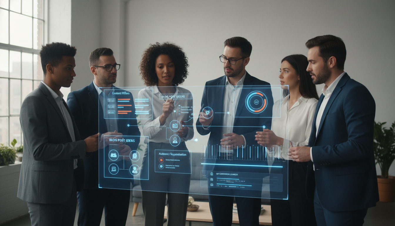 Team collaborating on a content marketing strategy whiteboard