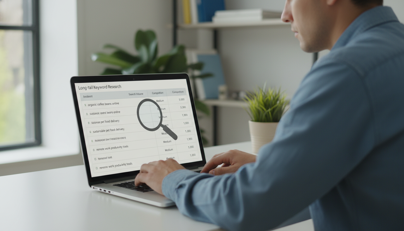 Long-tail keyword research on a laptop screen