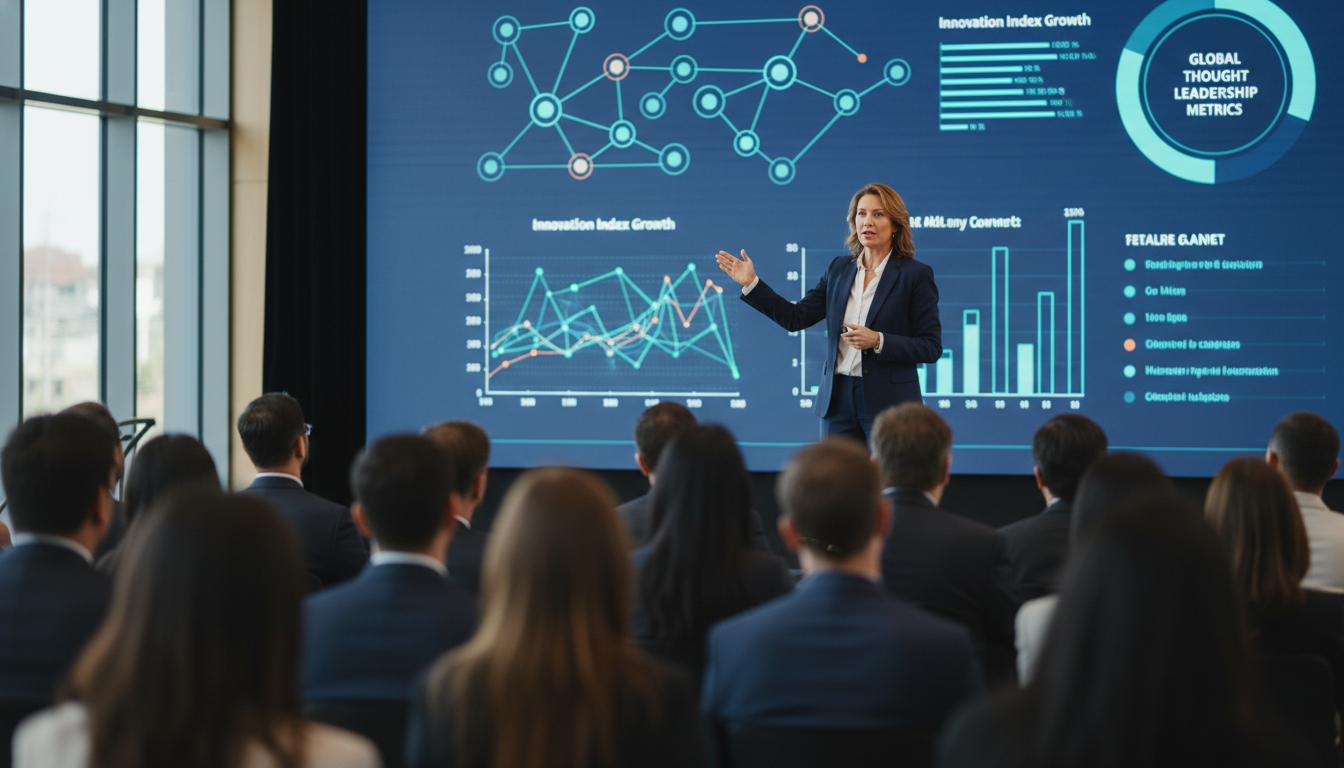 Expert speaker establishing topical authority at a conference