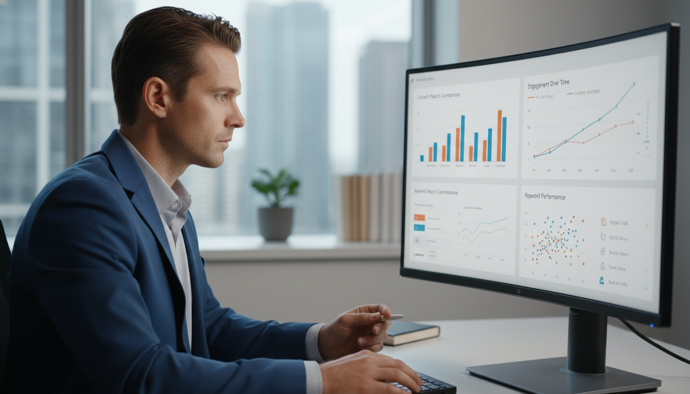 Business professional conducting competitive content analysis
